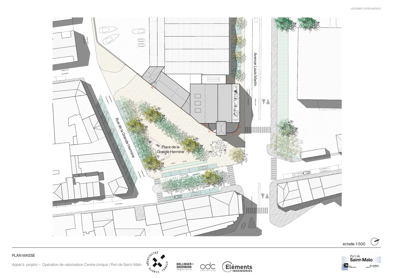 Plan masse à l’échelle 1:500 : insertion du Nouveau Centre Civique entre l’Avenue Louis Martin, la Rue de la Grande Hermine et la nouvelle Place de la Grande Hermine.