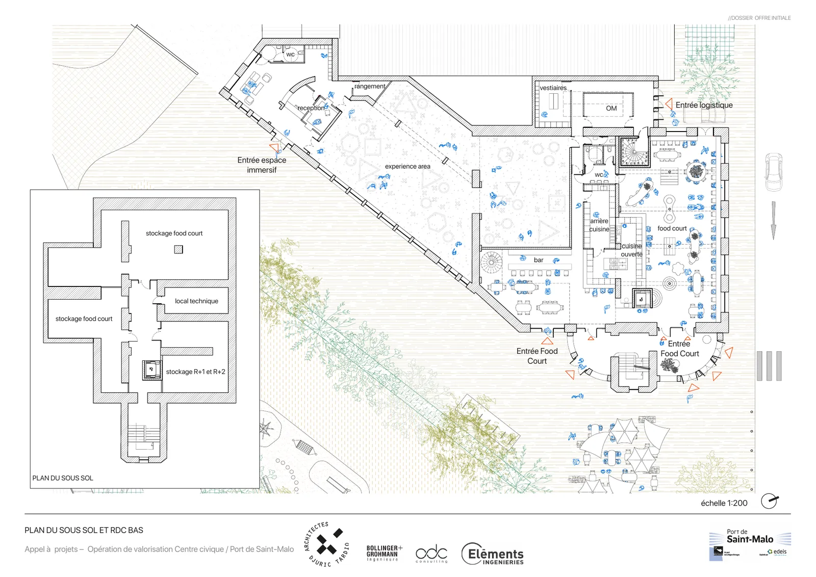 Plan du sous-sol et du RDC bas à l’échelle 1:200 : entrée espace immersif, entrée Food Court, locaux logistiques et stockages techniques.
