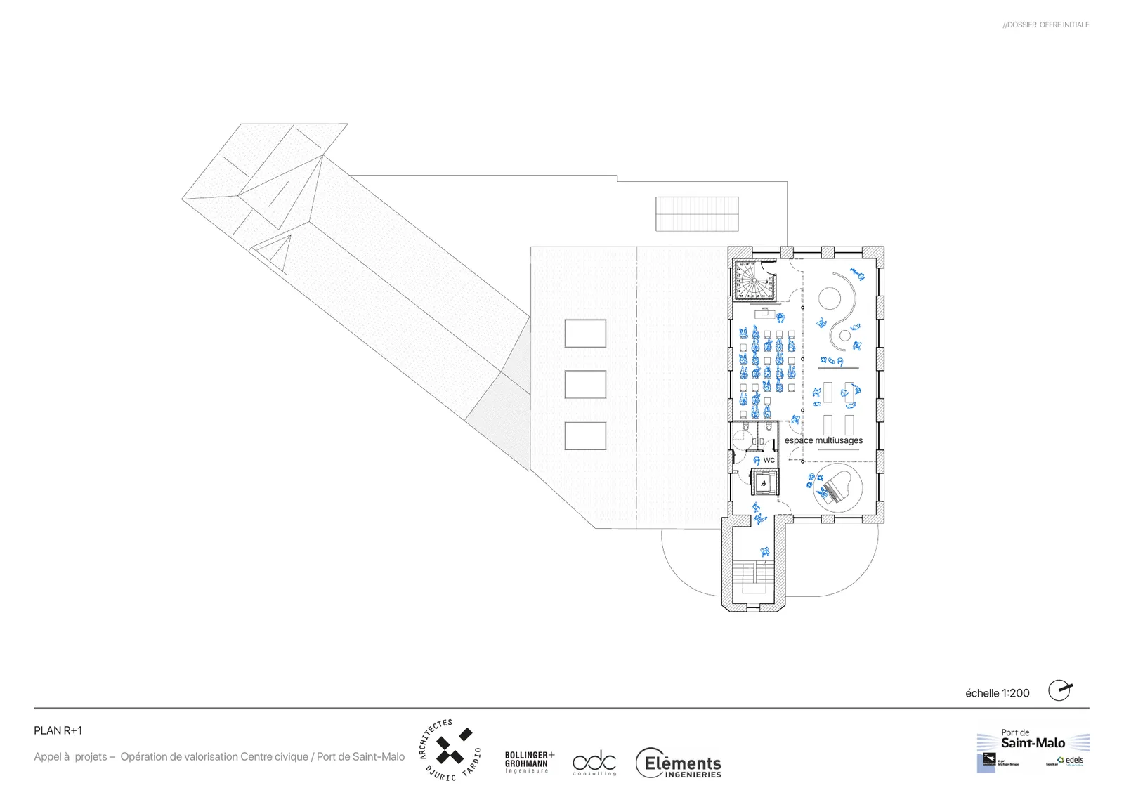 Plan du R+1 à l’échelle 1:200 : espace multiusages, modulable pour séminaires, expositions et coworking.