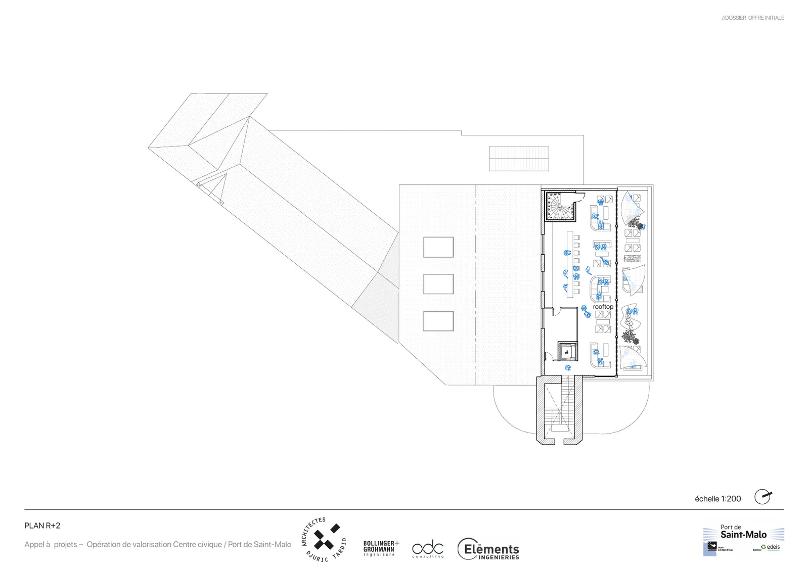 Plan du R+2 à l’échelle 1:200 : Rooftop, vue panoramique sur le port et l’Intra-Muros.