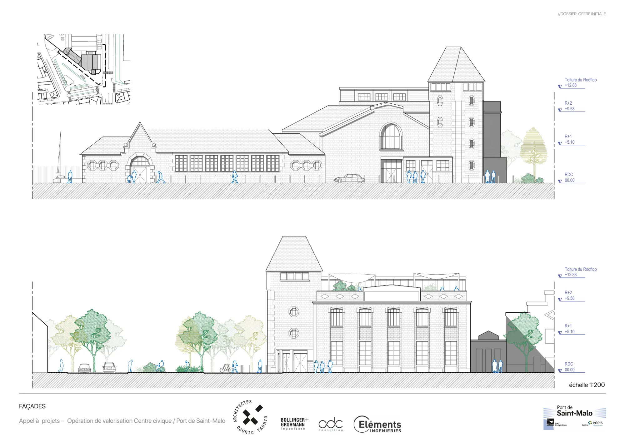 Façades à l’échelle 1:200 : composition d’origine conservée, surélévation contemporaine en retrait sous les toits de la tourelle, percements respectant le rythme et l’ordonnancement existants.