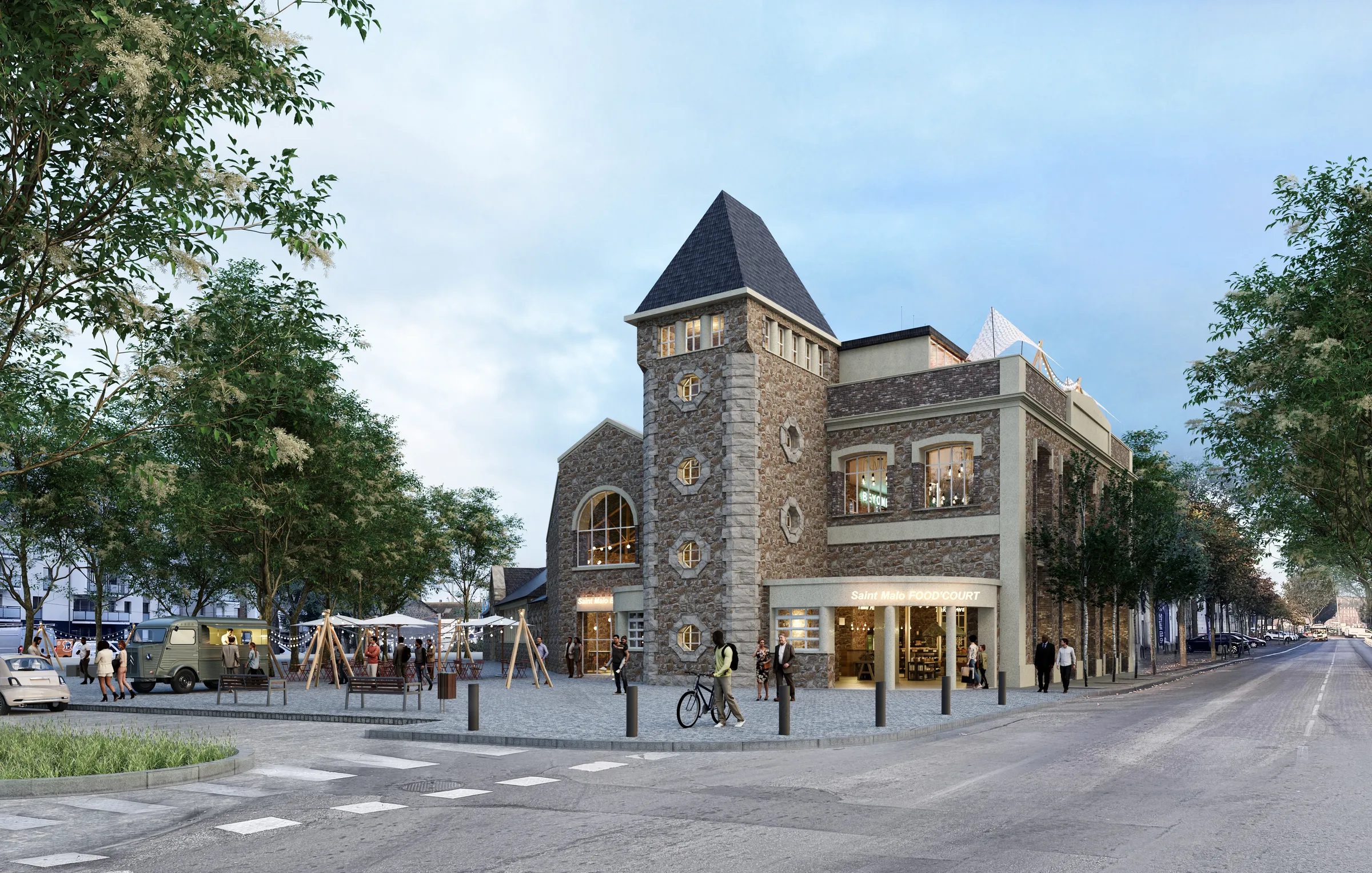 Vue extérieure du Nouveau Centre Civique au 1 ter Avenue Louis Martin, Saint-Malo. Réhabilitation patrimoniale avec extension contemporaine, en lisière de la Place de la Grande Hermine.