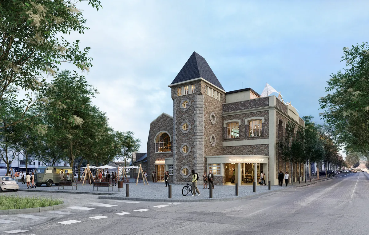 Vue extérieure du Nouveau Centre Civique : la tourelle conservée comme signal urbain, surélévation contemporaine en retrait, percements alignés sur l'ordonnancement existant.